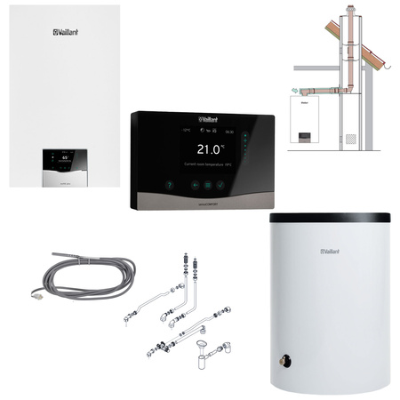 Balení Vaillant ecoTEC Plus VC 15CS/1-5 + nádrž VIH R 120/6B + ovladač VRC 720 sensoCOMFORT + propojovací sada + SPS pro šachtu 0010043616