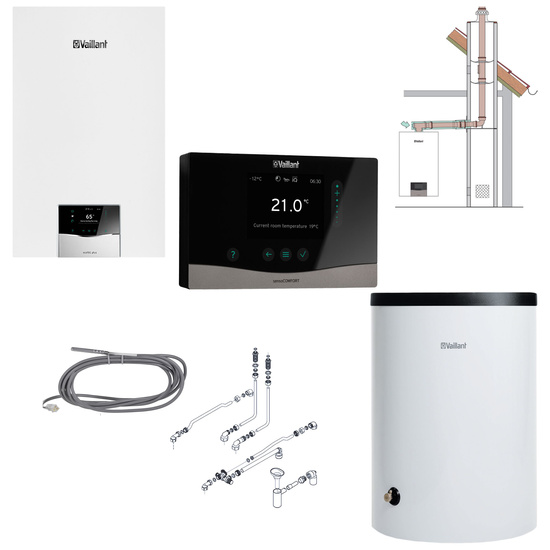 Balení Vaillant ecoTEC Plus VC 20CS/1-5 + nádrž VIH R 200/6B + ovladač VRC 720 sensoCOMFORT + propojovací sada + SPS pro šachtu 0010043617