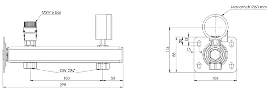 Bezpečnostní skupina c.w.u. s připojením k membránové nádobě BSB GW3/4", MSW 6 bar, manometr 0-10 bar AFRISO 9062000