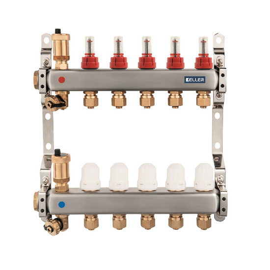 1" 6cestný ocelový rozdělovač s průtokoměry a termostatickými ventily Keller