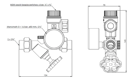 Bezpečnostní skupina automatického zásobníku teplé vody Nmax UDT 111,5 kW s pojistným ventilem MSW 6 bar Afriso 77999