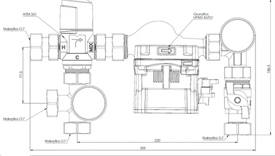 BTU 501 směšovací skupina pro podlahové vytápění s ventilem ATM 561, čerpadlo Grundfos UPM3 Auto AFRISO 9050110