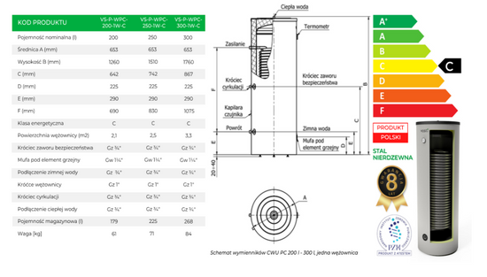 Teplovodní výměník pro tepelná čerpadla, nerez s výměníkem 2,5 m2 250L Vasti