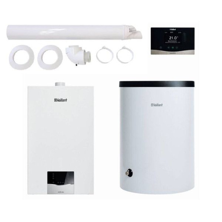 Balení Vaillant ecoTEC Plus VC 25CS/1-5 + nádrž VIH R 200/6B + ovladač VRC 720f sensoCOMFORT + připojovací sada + SPS přes stěnu nebo střechu 0010043656