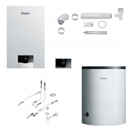 Balení Vaillant ecoTEC Plus VC 15CS/1-5 + nádrž VIH R 150/6B + ovladač VRC 720 sensoCOMFORT + propojovací sada + SPS pro šachtu 0010043615