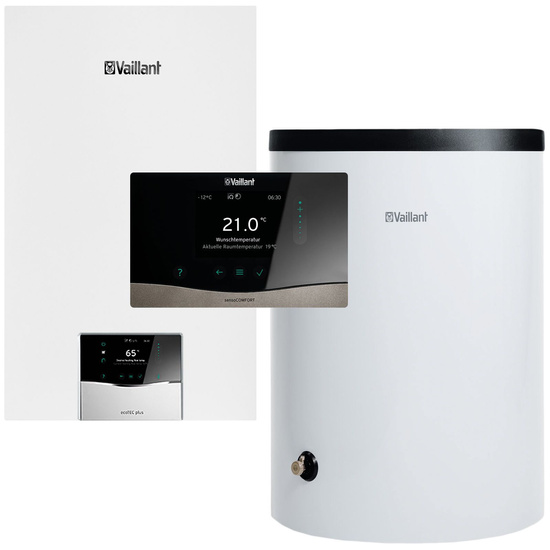 Balení Vaillant ecoTEC Plus VC 25CS/1-5 + nádrž VIH R 150/6B + ovladač VRC 720f sensoCOMFORT + připojovací sada + SPS přes stěnu nebo střechu 0010043657