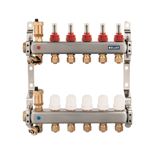 1" 3cestný ocelový rozdělovač s průtokoměry a termostatickými ventily Keller KEL720229
